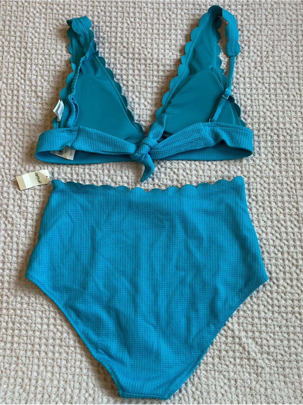 Aerie Teal Waffle Knit Scalloped Bikini Set V-Neck High Waisted Swimsuit Size M - Picture 3 of 4